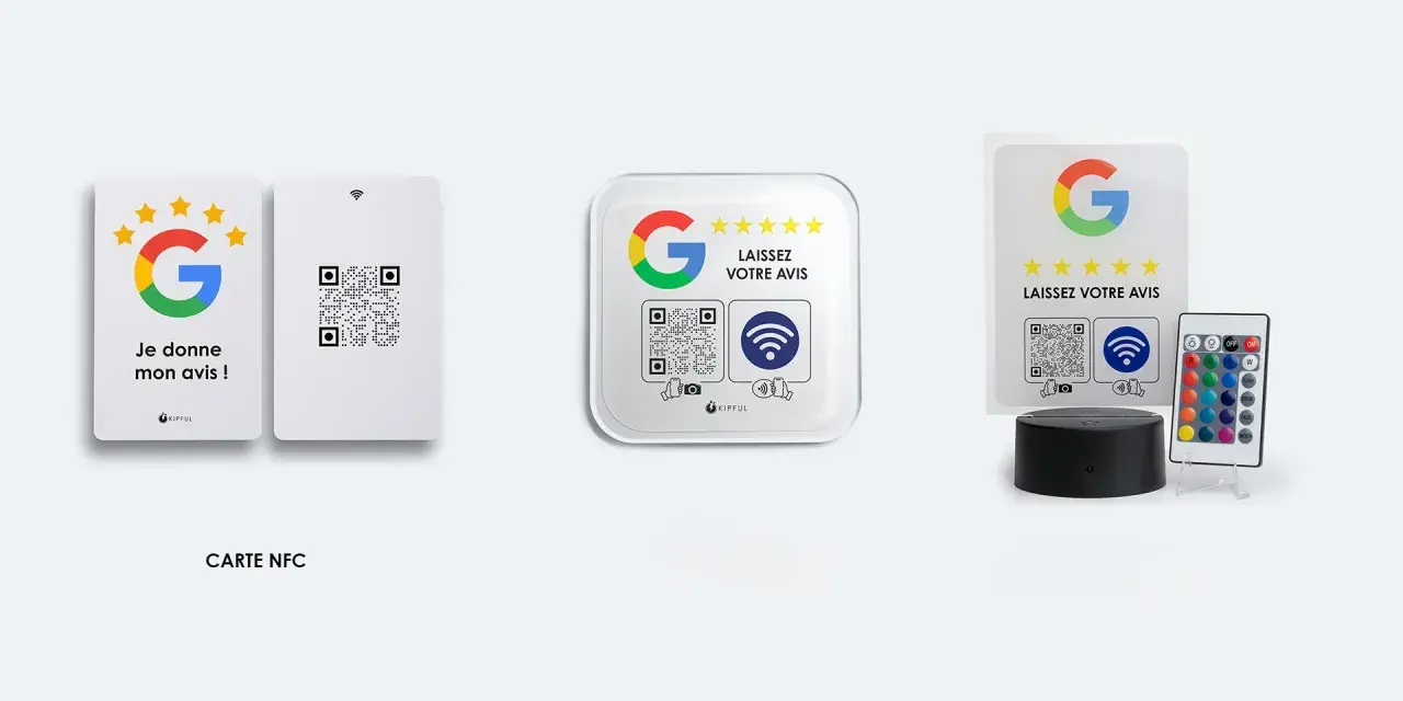 Cartes et autocollants pour faciliter le calcul de votre avis Google. Un QR code et un logo Google invitent à laisser un avis.