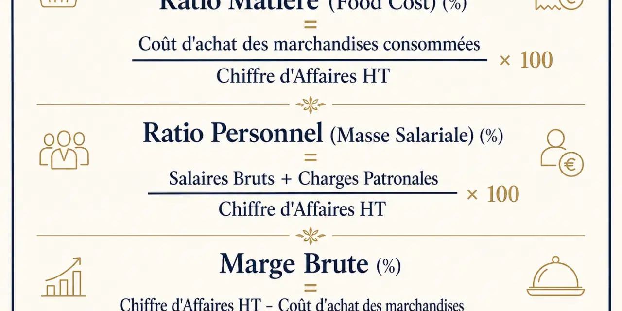 Formules de ratios de restaurant : coût matière, personnel et marge brute.