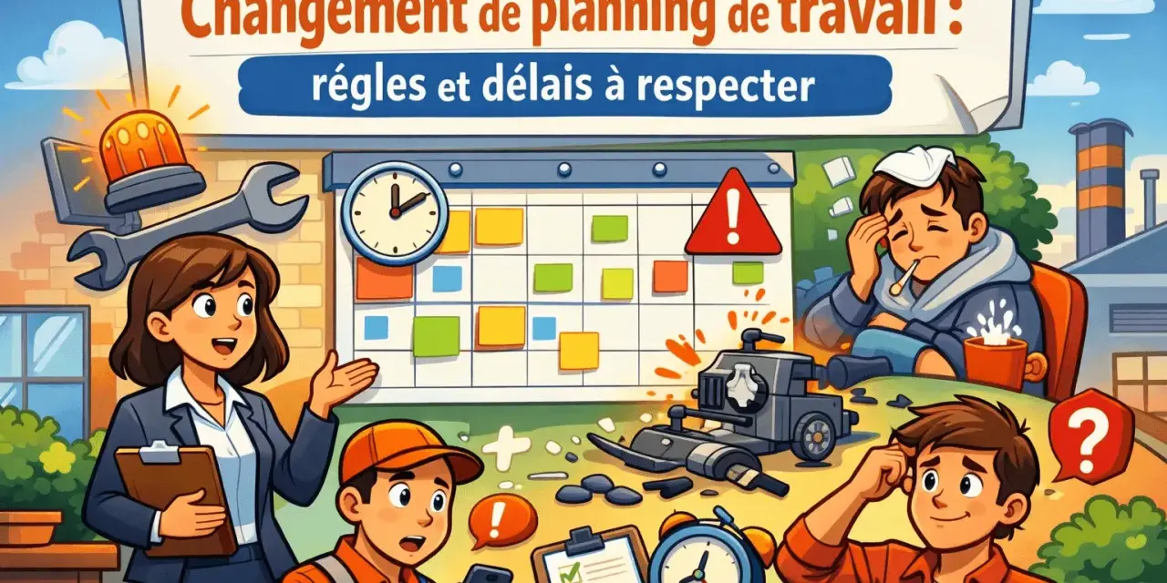 Une équipe discute du changement horaire de travail. Un calendrier, des outils et des employés pensifs illustrent les règles et délais à respecter.
