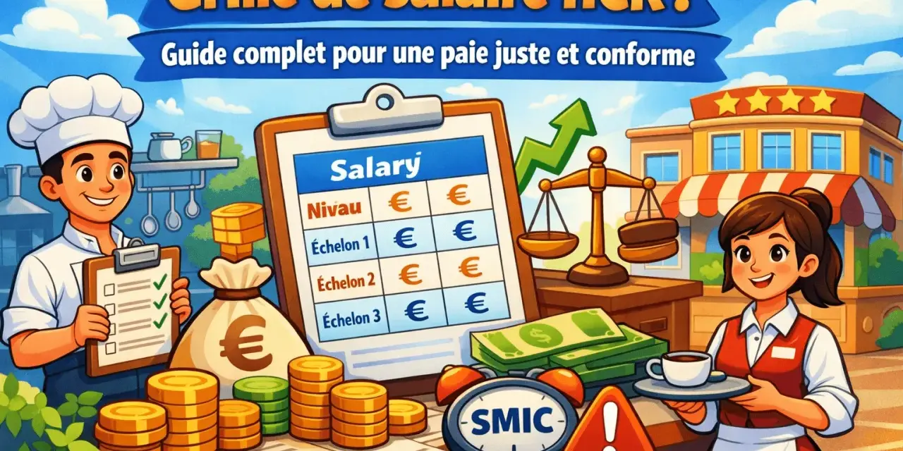 Un chef et une serveuse présentent une grille de salaire HCR, avec des pièces, des billets et une balance symbolisant une paie juste.
