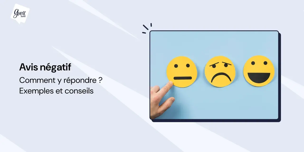 Un doigt pointe un smiley neutre à côté d'un triste et d'un joyeux. Le texte "Avis négatif" suggère comment gérer les retours clients.