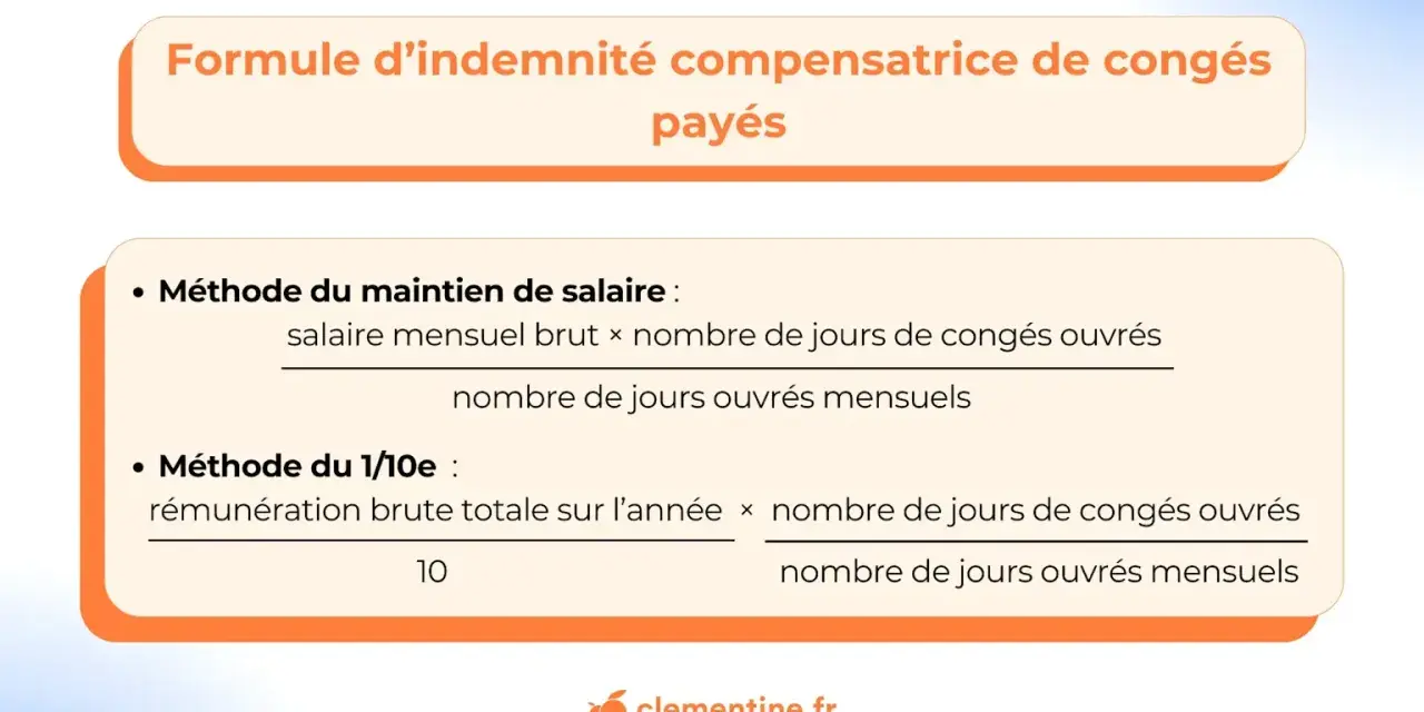 Formule d'indemnité compensatrice de congés payés : deux méthodes expliquées pour calculer le montant dû.