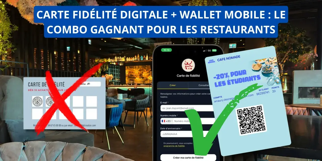 Une carte de fidélité numérique pour étudiants offre -20% au restaurant. Une ancienne carte physique est barrée.