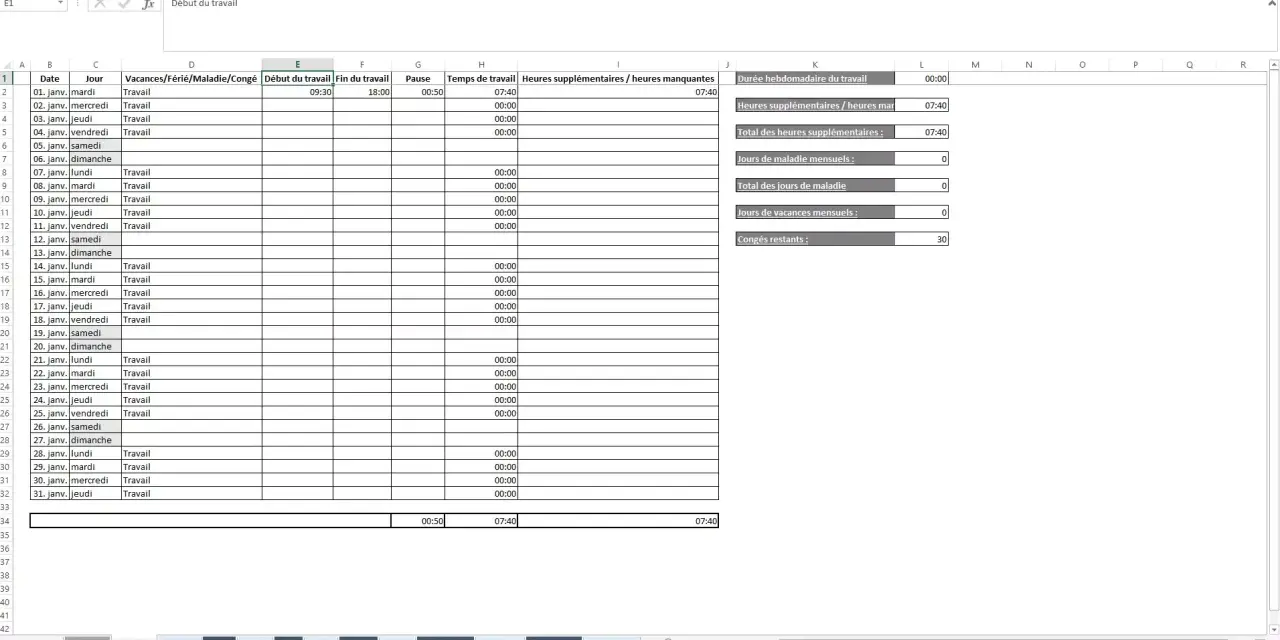 Tableau Excel pour suivre les heures de travail, les congés et les absences. Un outil essentiel pour gérer son temps.