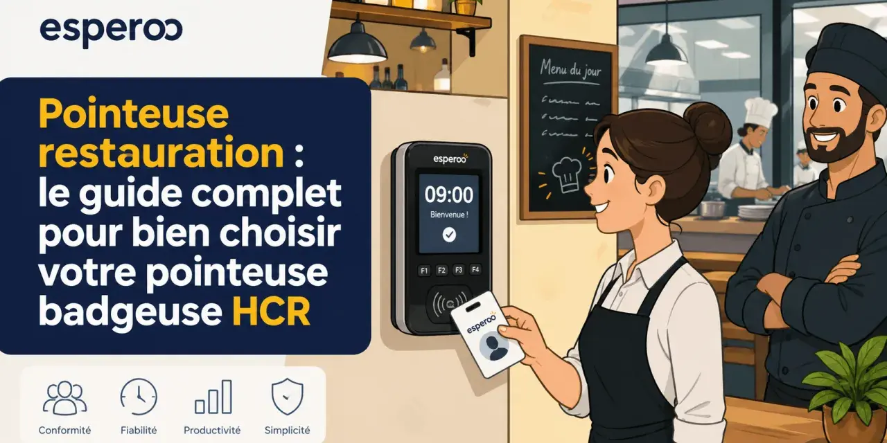 Une employée utilise une pointeuse pour le badgeage en entreprise dans un restaurant. Le guide "Pointeur restauration" est mis en avant.