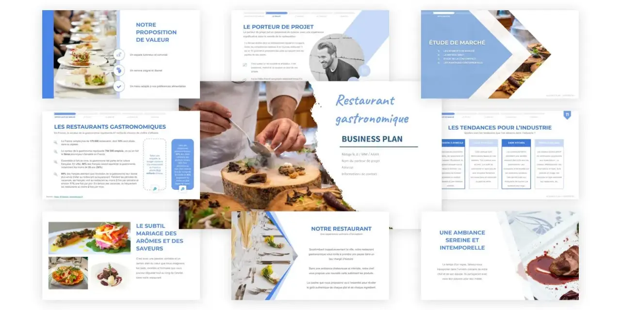 Présentation d'un business plan pour un restaurant gastronomique, axé sur la proposition de valeur, l'étude de marché et les tendances de l'industrie.