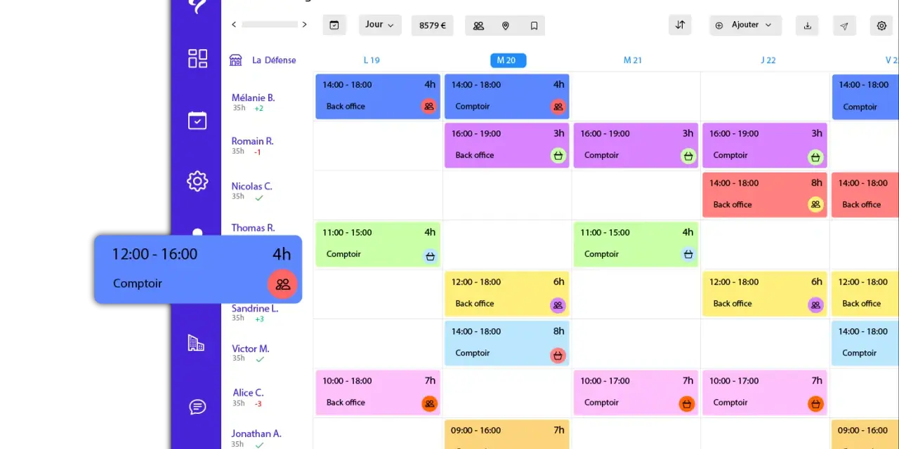Interface d'un logiciel création planning, affichant un calendrier avec des créneaux horaires et des noms d'employés.