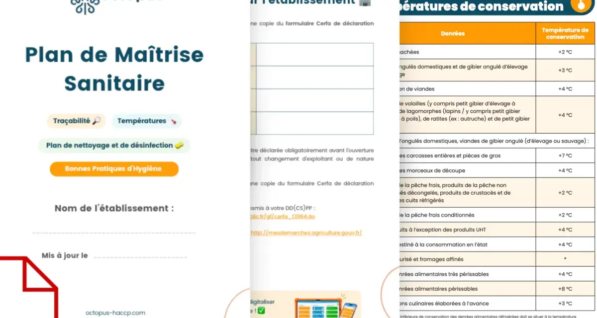 Plan de Maîtrise Sanitaire d'un restaurant, avec des sections sur la traçabilité et les températures de conservation selon la méthode HACCP.