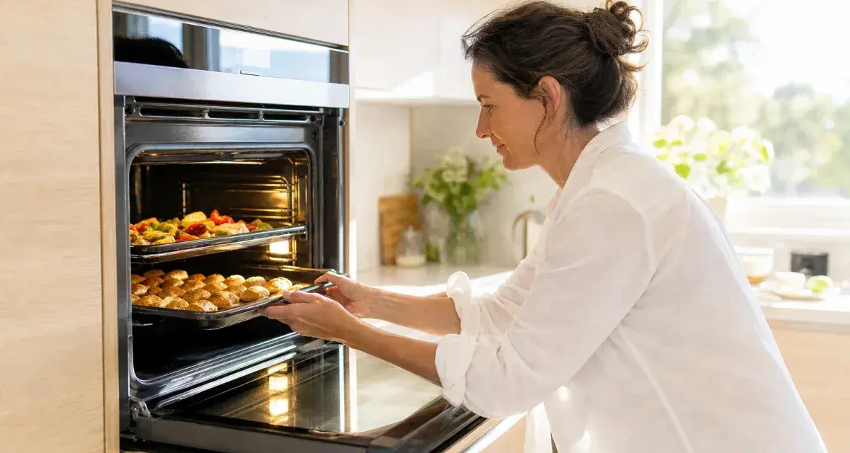 Une femme met des plats dans un four. Elle découvre la différence entre chaleur tournante et convection en cuisinant.