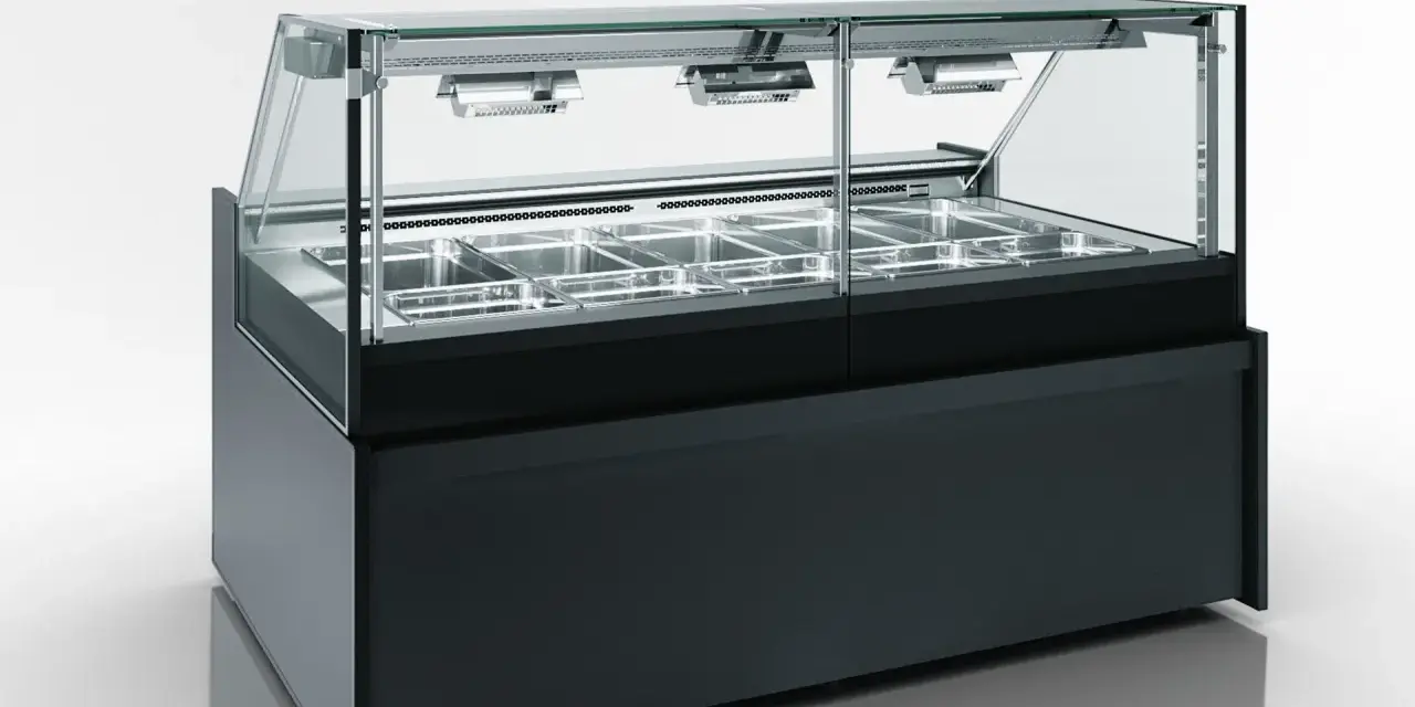 Vitrine réfrigérée avec plusieurs bacs en inox, idéale pour maintenir la température bain marie des aliments.