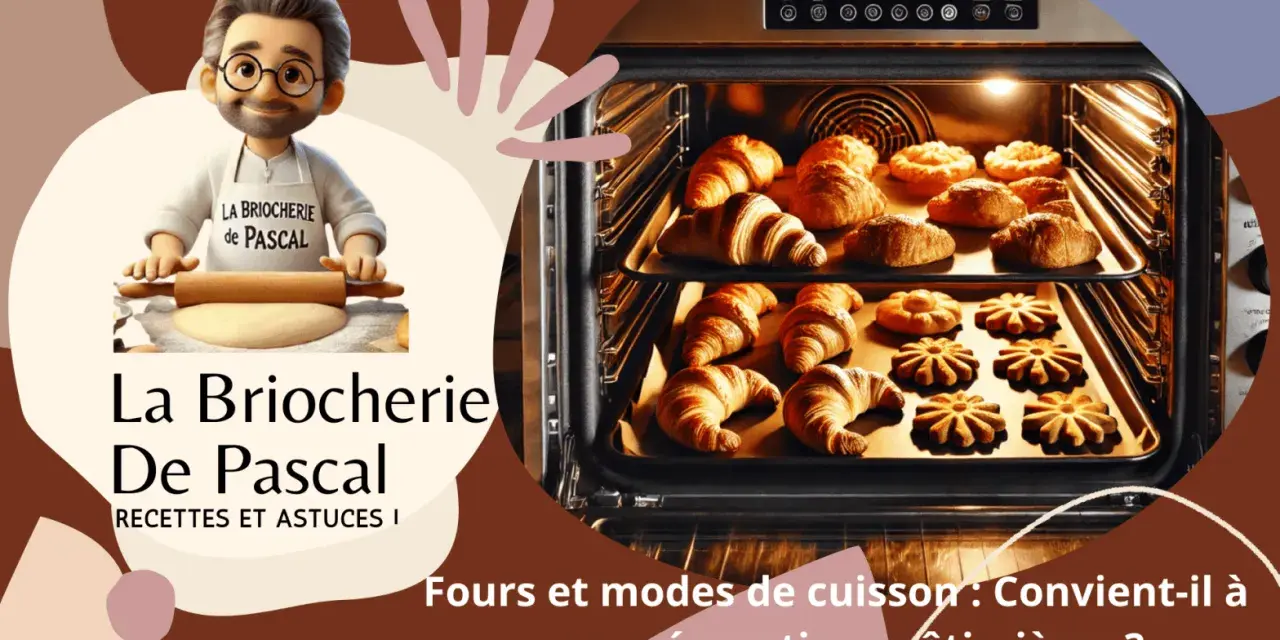 Un chef pâtissier et un four rempli de croissants et de biscuits. Le mode patisserie four est idéal pour ces délices dorés.