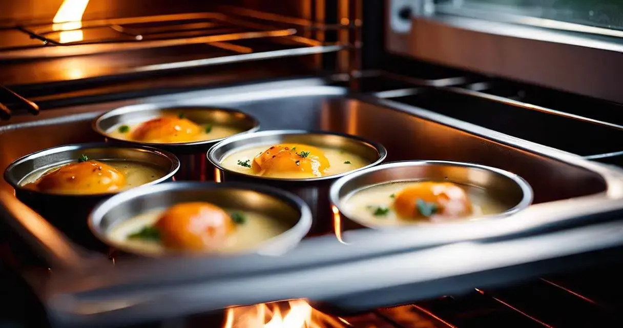Cinq ramequins d'œufs pochés dans un bain-marie au four, une méthode pour comment faire cuire au bain marie.