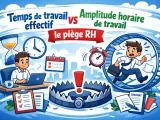 Un employé court dans une roue, symbolisant l'amplitude horaire maximale. Un piège à loup et une horloge rappellent les dangers du travail excessif.