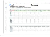 Tableau de planification de travail avec des noms d'employés et des créneaux horaires. Ce modèle de planning travail est proposé par Skello.