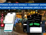 Des téléphones affichant des avis Google et des applications pour gérer les retours clients. L'IA peut aider à gagner du temps sur les réponses aux avis Google.