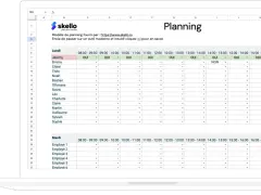 Tableau de planification de travail avec des noms d'employés et des créneaux horaires. Ce modèle de planning travail est proposé par Skello.