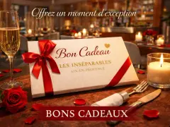 Un bon cadeau pour un restaurant, présenté avec une coupe de champagne, une rose rouge et une bougie allumée. Offrez un moment d'exception.