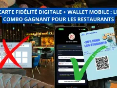 Une carte de fidélité numérique pour étudiants offre -20% au restaurant. Une ancienne carte physique est barrée.