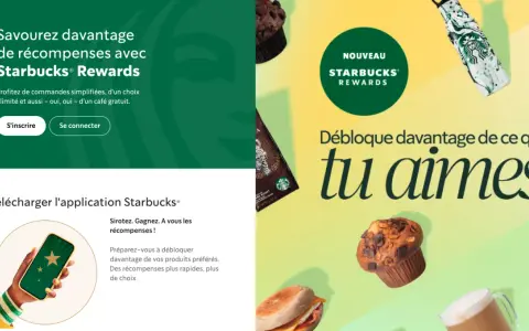 Exemple de programme de fidélité Starbucks Rewards : savourez plus de récompenses, commandes simplifiées, café gratuit.