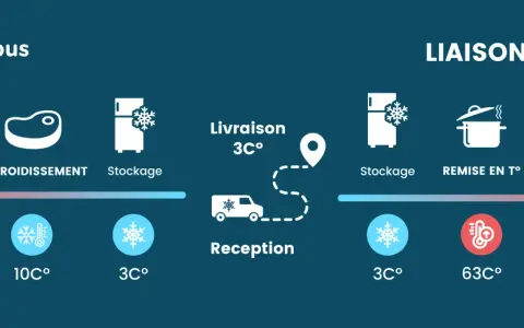 Schéma de la liaison froide : cuisson (63°C), refroidissement (10°C), stockage (3°C), livraison (3°C), réception (3°C), remise en température (63°C) et service (63°C). Suivi température chambre froide essentiel.