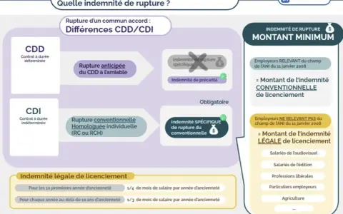 Infographie expliquant la rupture conventionnelle homologuée et les indemnités. La rupture conventionnelle sans indemnité n'est pas possible pour un CDI.