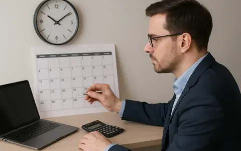 Un homme calcule le temps de travail : 35 heures par semaine, combien par mois ? Il est devant un calendrier, un ordinateur et une calculatrice.