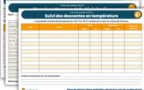 Fiche de suivi des descentes en température pour le protocole HACCP. Elle enregistre les données de refroidissement des produits.