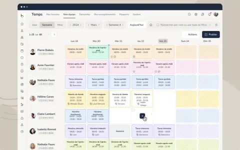Tableau affichant un exemple d'horaire de travail hebdomadaire pour plusieurs employés, avec des créneaux matinaux, après-midi et intensifs.