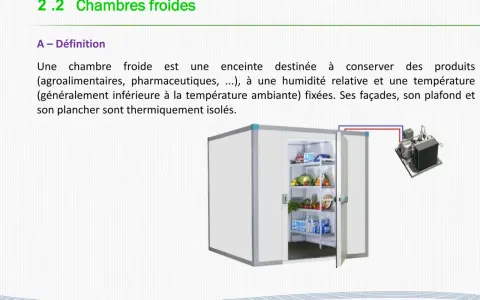 Une chambre froide est une enceinte isolée pour conserver des produits à température et humidité contrôlées. Elle est essentielle pour la conservation des aliments.
