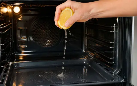 Une main presse un citron pour degraisser un four tres sale. Le jus coule sur la plaque.
