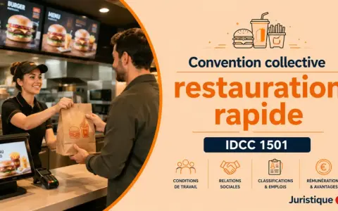Employée souriante remettant un sac de restauration rapide à un client. La convention collective IDCC 1501 régit ce secteur.