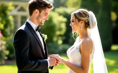 Un jeune couple heureux, marié, se tenant la main. Le marié porte un costume noir, la mariée une robe blanche et un voile. Un beau jour de congé pour mariage.