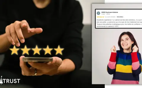 Un avis positif sur un restaurant, avec des étoiles brillantes et une cliente ravie.