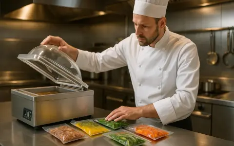Un chef prépare des aliments pour les mettre sous vide. Des sachets colorés de nourriture sont alignés sur le comptoir.