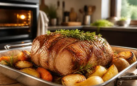 Un rôti doré et juteux, garni de romarin, cuit à la perfection. Autour, des pommes de terre et carottes rôties. Le four gaz est prêt pour le prochain plat.