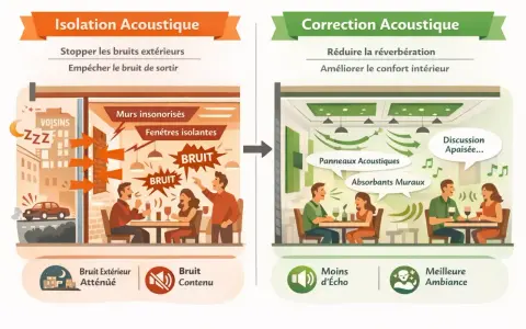 Avant : bruit de restaurant extérieur envahissant. Après : correction acoustique pour une discussion apaisée et une meilleure ambiance.