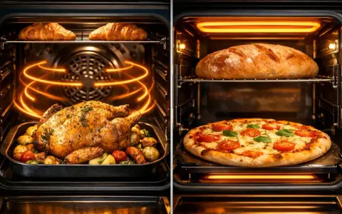 Un poulet rôti et des croissants cuisent dans un four, tandis qu'une pizza et du pain sont dans un autre. La chaleur statique d'un four assure une cuisson uniforme.