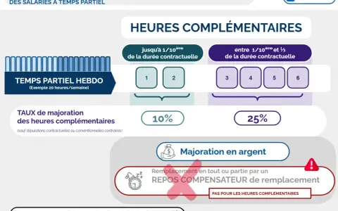 Infographie sur les majorations des heures complémentaires (HC) pour les salariés à temps partiel. Les heures jusqu'à 1/10ème sont majorées de 10%, celles entre 1/10ème et 1/3 de 25%.