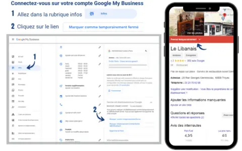 Modèle annonce fermeture pour vacances : instructions pour marquer temporairement un établissement comme fermé sur Google My Business.
