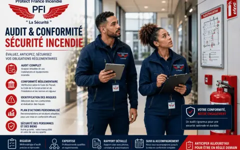Deux experts vérifient la conformité des normes sécurité incendie dans un restaurant. Un plan d'évacuation est affiché.
