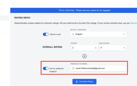 Interface pour générer des réponses automatiques aux avis Google. Permet de définir la langue, la note et le canal de feedback.