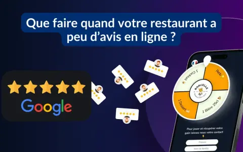 Des étoiles Google et des avis clients flottent autour d'un téléphone affichant une roue de loterie. Encouragez vos clients à laisser un avis Google pour gagner des prix.