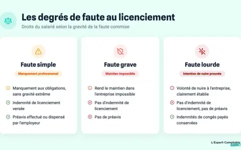 Illustration des degrés de faute au licenciement : simple, grave et lourde, avec les droits du salarié associés.