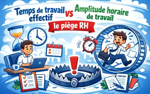 Un employé court dans une roue, symbolisant l'amplitude horaire maximale. Un piège à loup et une horloge rappellent les dangers du travail excessif.