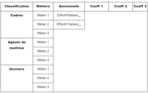 Tableau de classification des métiers (Cadres, Agents de maîtrise, Ouvriers) avec ancienneté et colonnes pour le coefficient ccn.