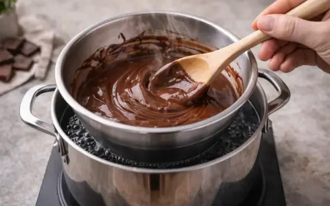 Du chocolat fondant est mélangé avec une cuillère en bois, posé sur une casserole d'eau bouillante pour faire chauffer au bain marie.