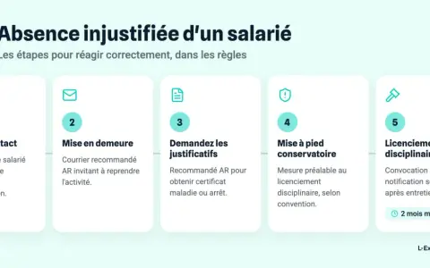 Étapes pour gérer une absence injustifiée : contact, mise en demeure, demande de justificatifs, mise à pied conservatoire, puis licenciement disciplinaire.