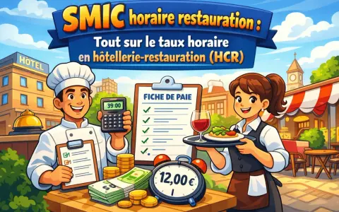 Un chef et une serveuse souriants présentent des calculs de salaire, de l'argent et une fiche de paie, illustrant le taux horaire en restauration.