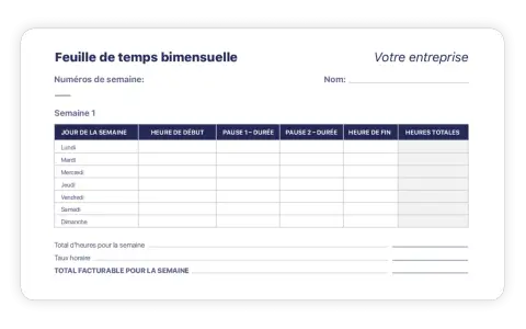 Modèle feuille de présence à imprimer pour suivre les heures travaillées, les pauses et le total facturable par semaine.