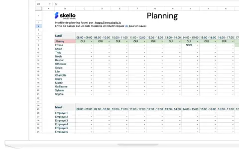 Planning de travail affichant les disponibilités des employés pour la semaine. Le planning est organisé par jour et par créneau horaire.